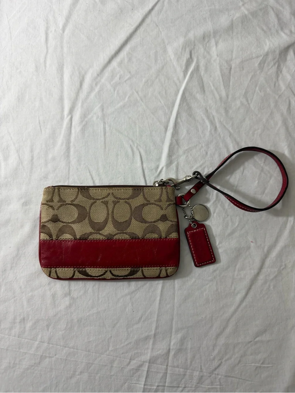 Coach Khaki Canvas Wristlet with Red Leather Trim